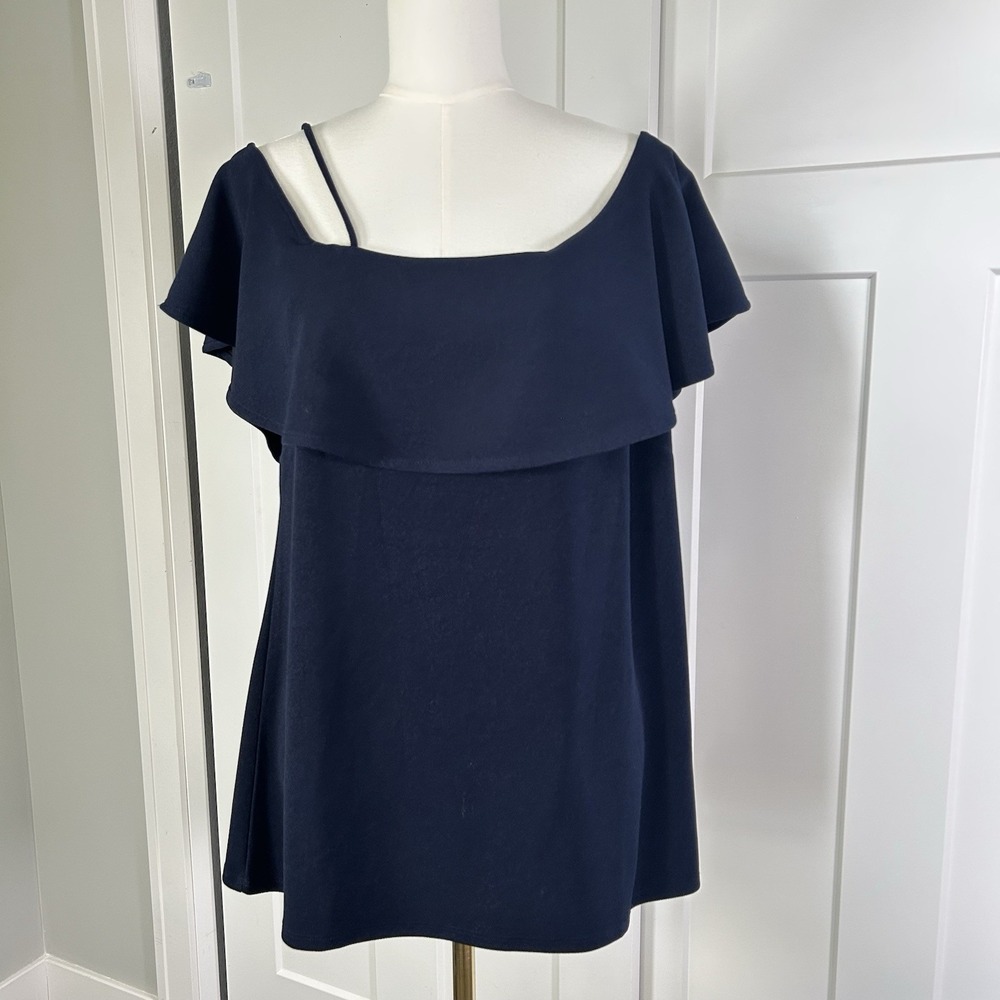 Banana Republic XL Navy Flutter Overlay Blouse Short Sleeve Stretch Top - Picture 2 of 10